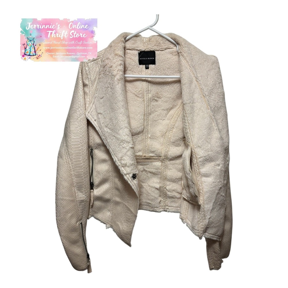 Buckle Black Cream Snakeskin Faux Leather Moto Jacket Faux Fur Lined Small - Picture 2 of 8